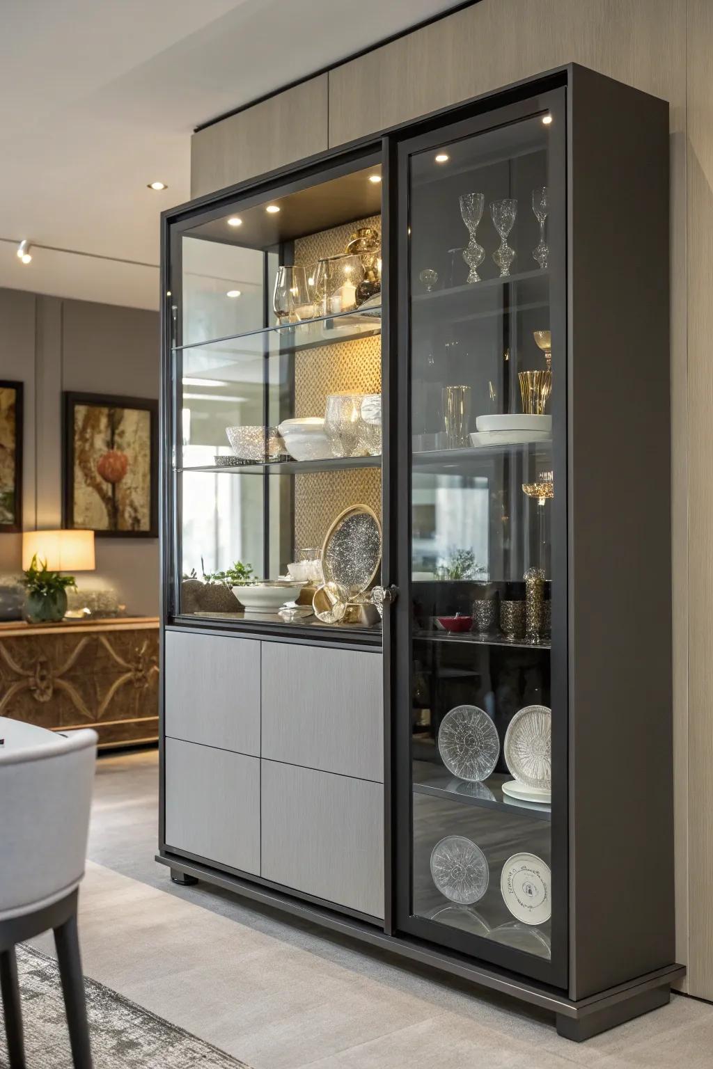 Mirrored back in a display cabinet for an expanded feel.