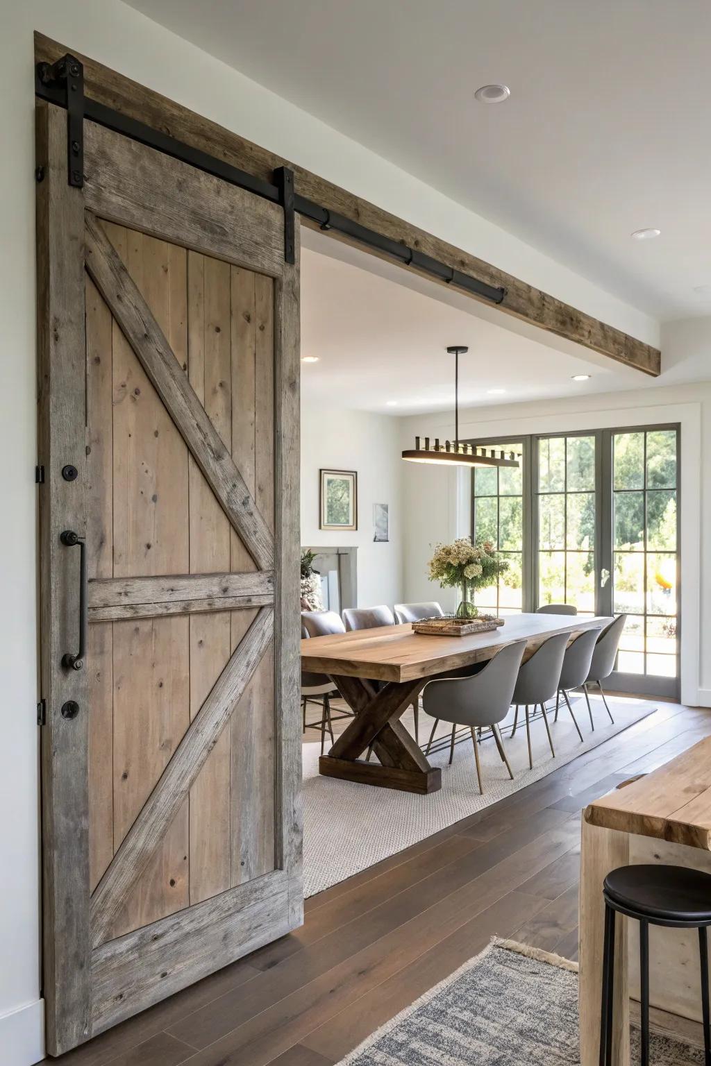 A barn-style door unites function with rustic charm.
