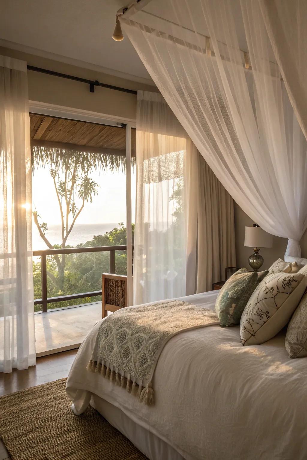 Light curtains offer privacy while allowing light in this guest bedroom.