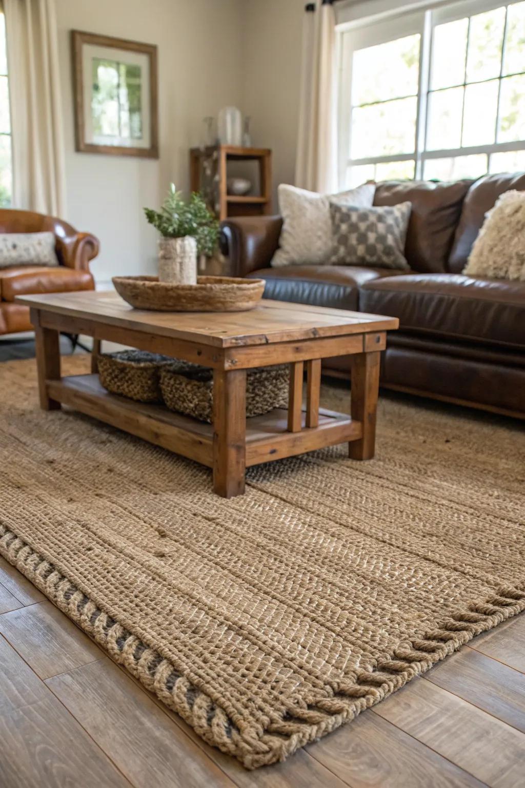 A textured rug contributes warmth and style to this inviting farmhouse interior.