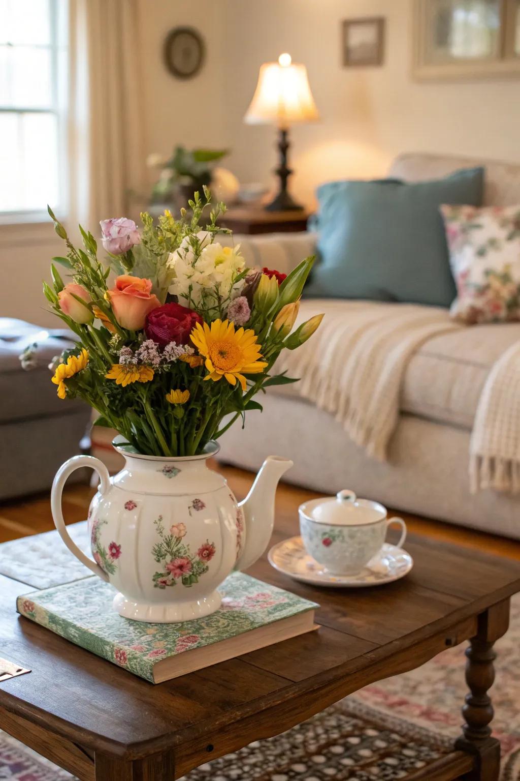 A vintage teapot repurposed as a unique flower vessel.