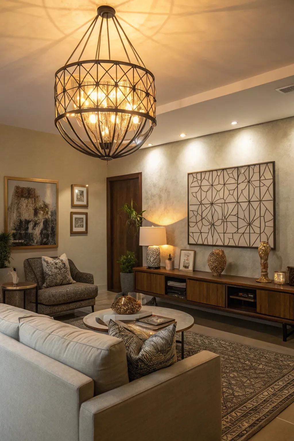 A piece of eye-catching illumination provides both art and essential lighting to the modern family room.