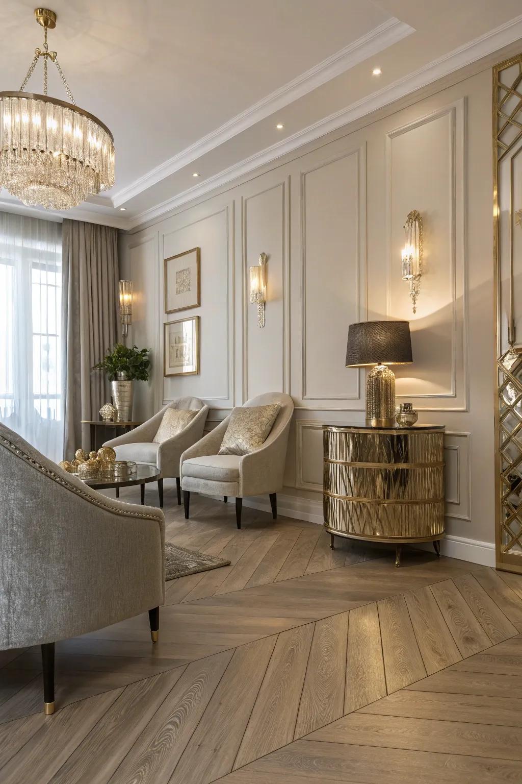 Refined metallic accents elevate bright timber floors.