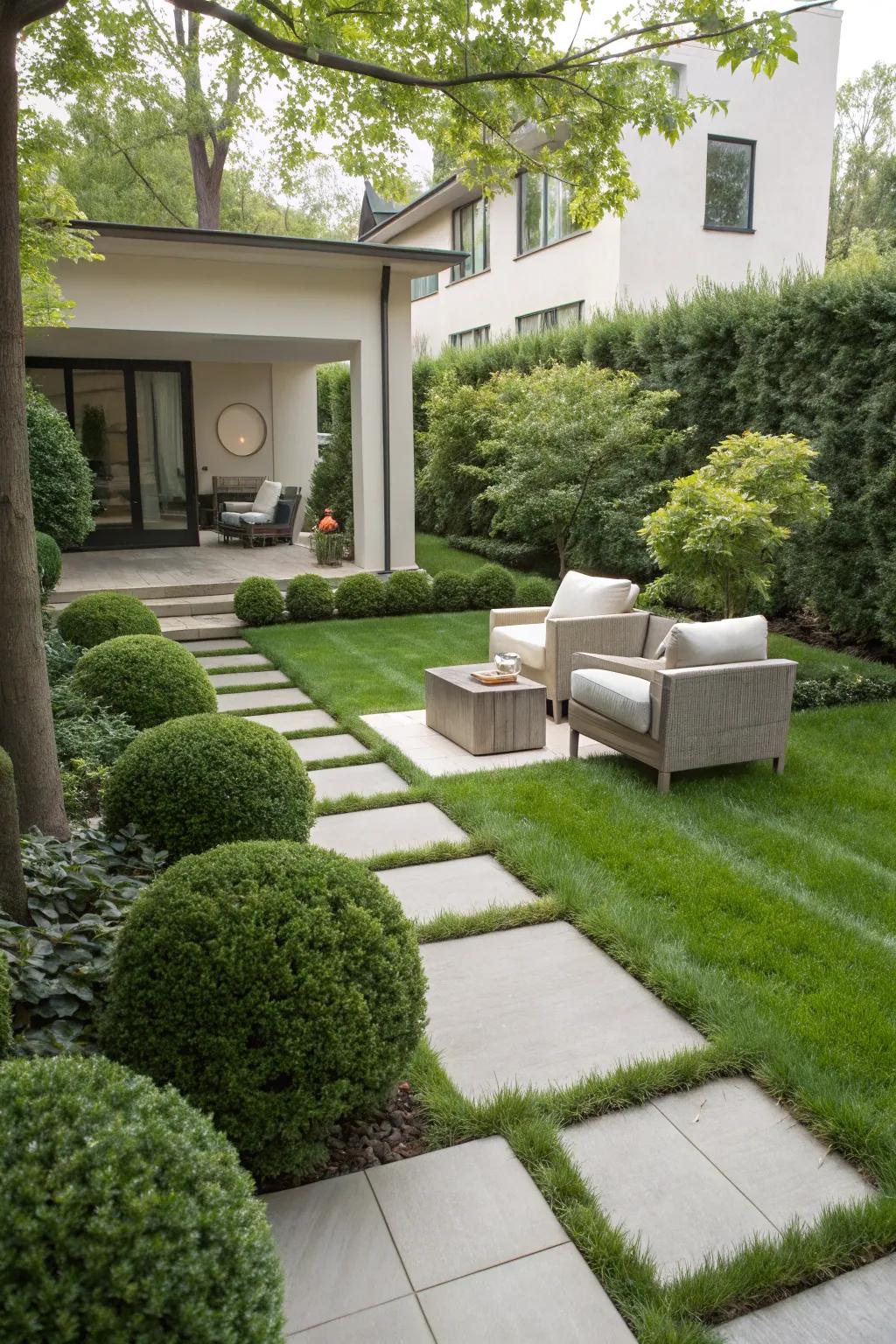 A discreet seating area featuring modern furniture in a front yard.