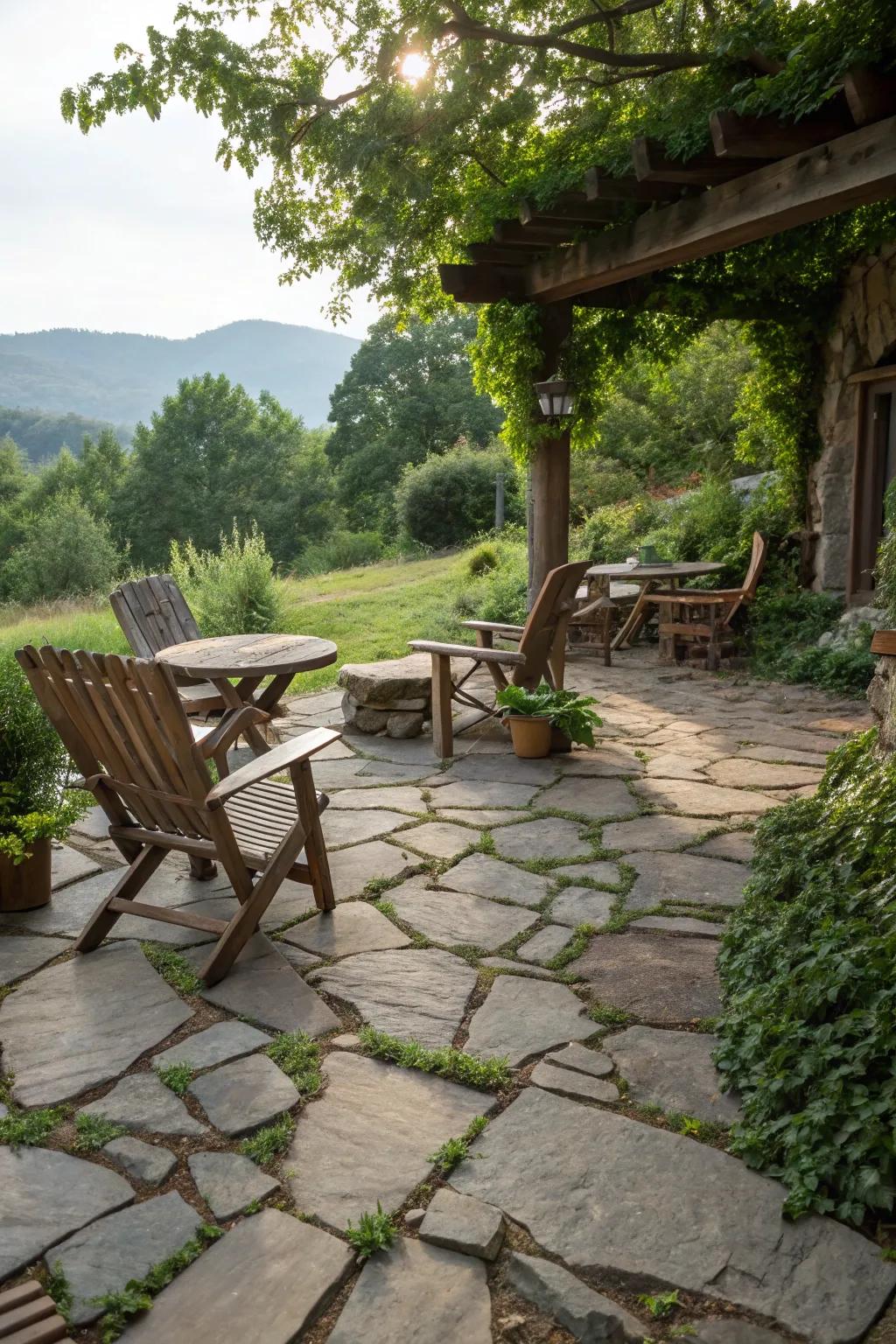 Natural rock facing offers rustic charm for garden patios.