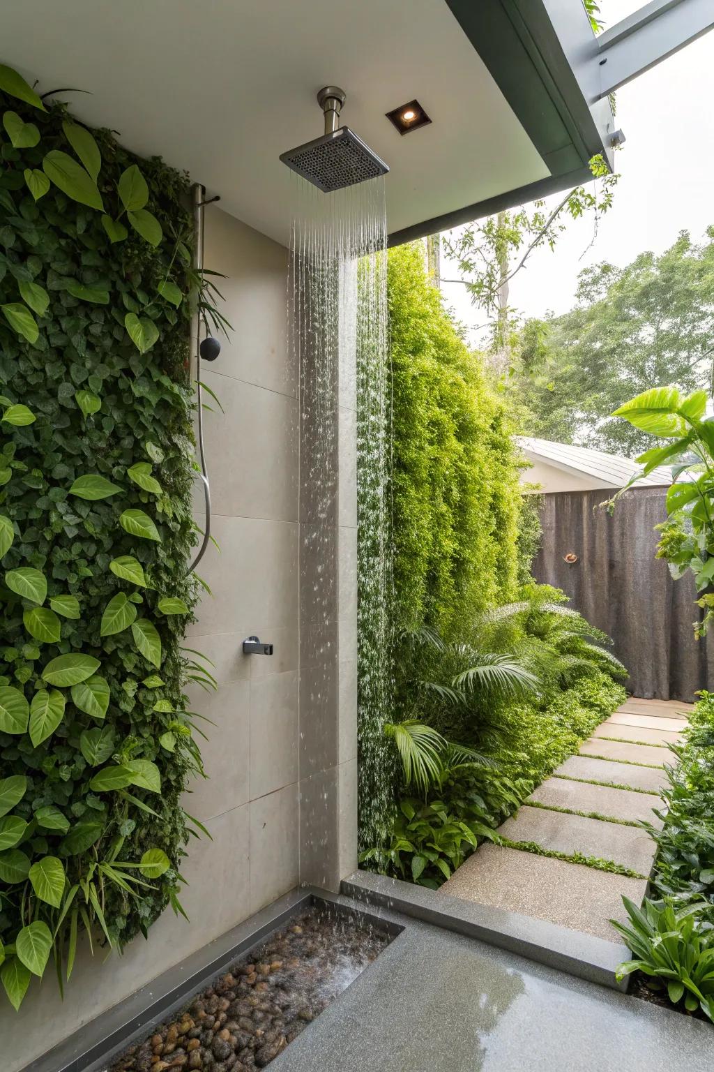 A verdant shower vicinity showcasing an innovative elevated garden.