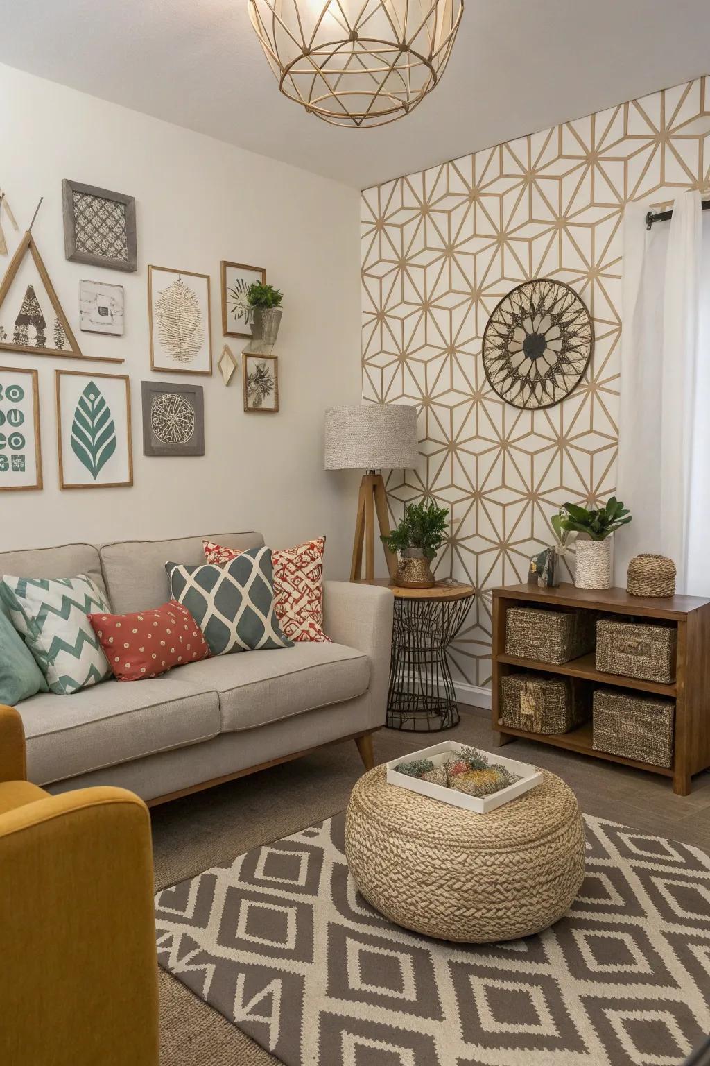 A small living area featuring geometric decorative pieces, adding a modern edge.
