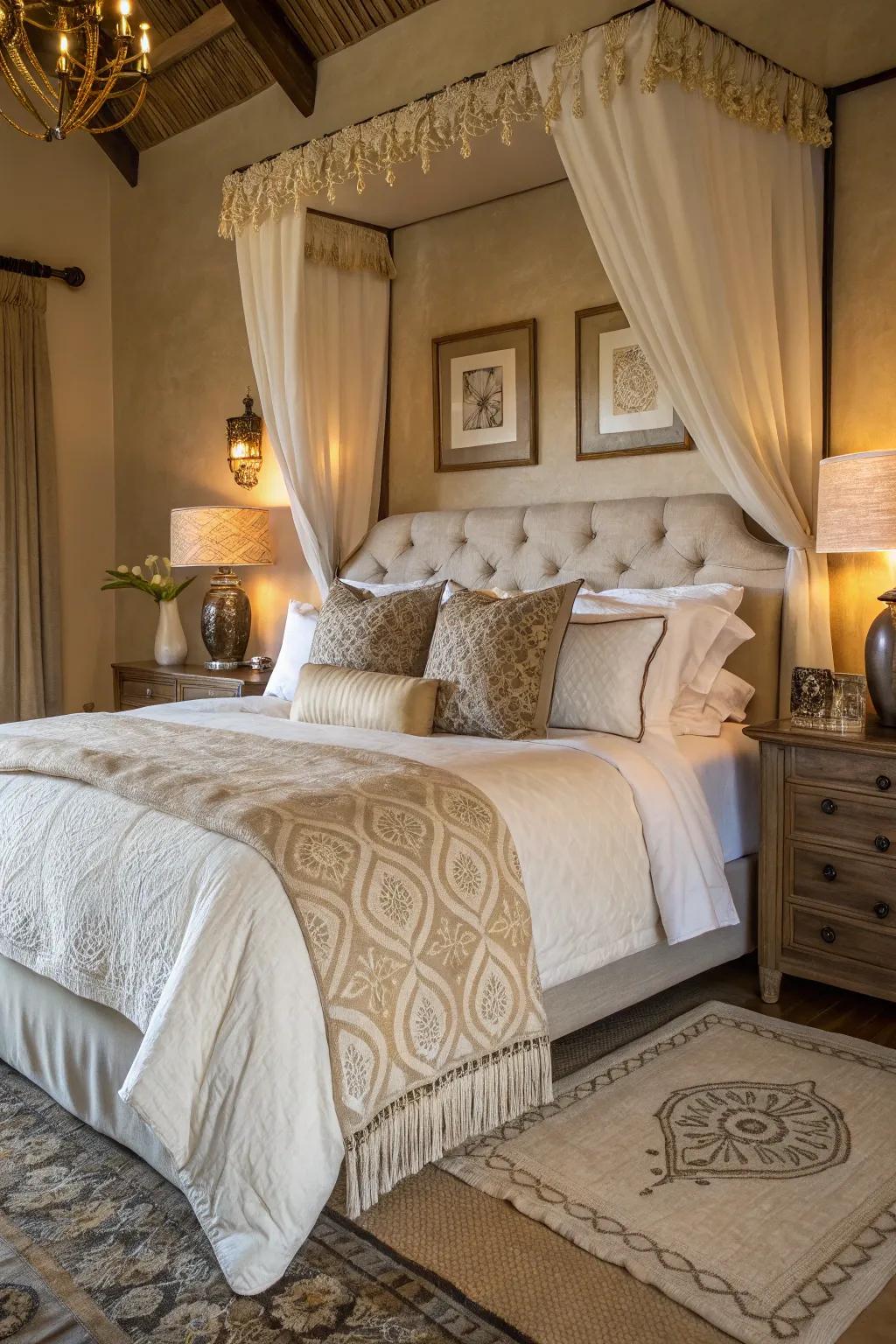 Lavish bedding creates a sumptuous sleep environment.