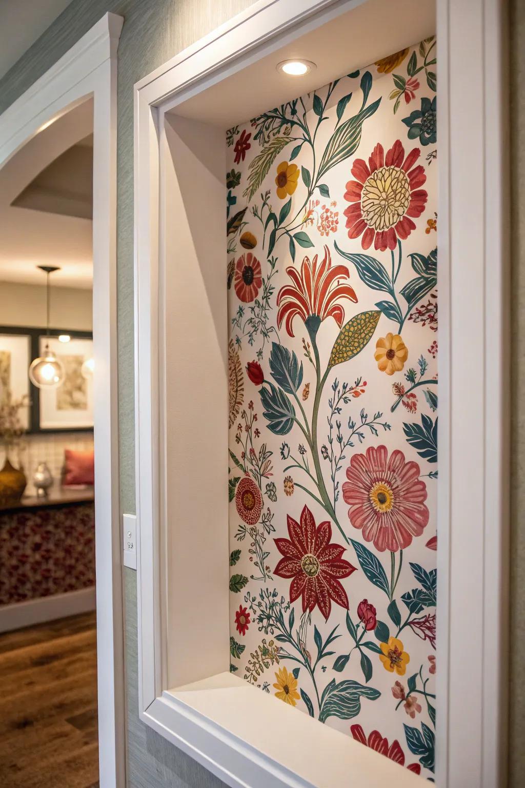 A wall niche showcasing striking floral decorative paper for a burst of individuality.