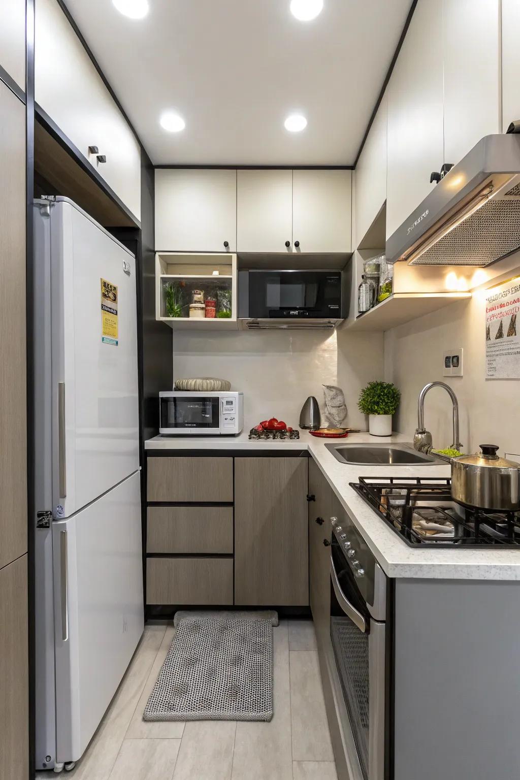 Optimize space with compact appliances in small kitchens.