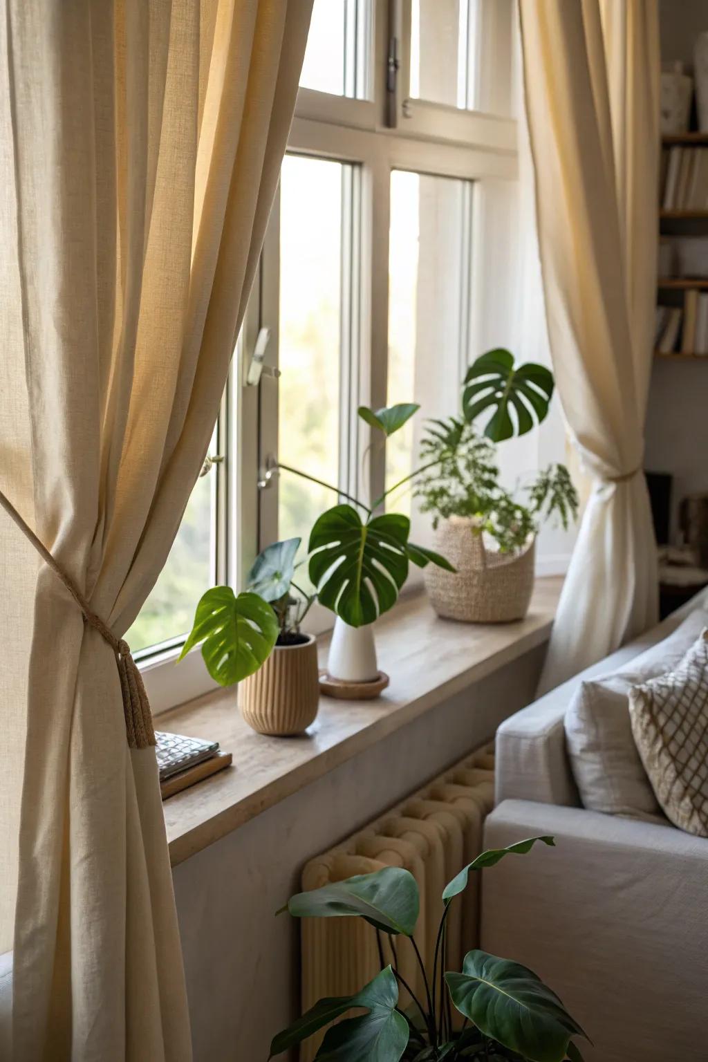 Drape restraints made from small monstera leaves.