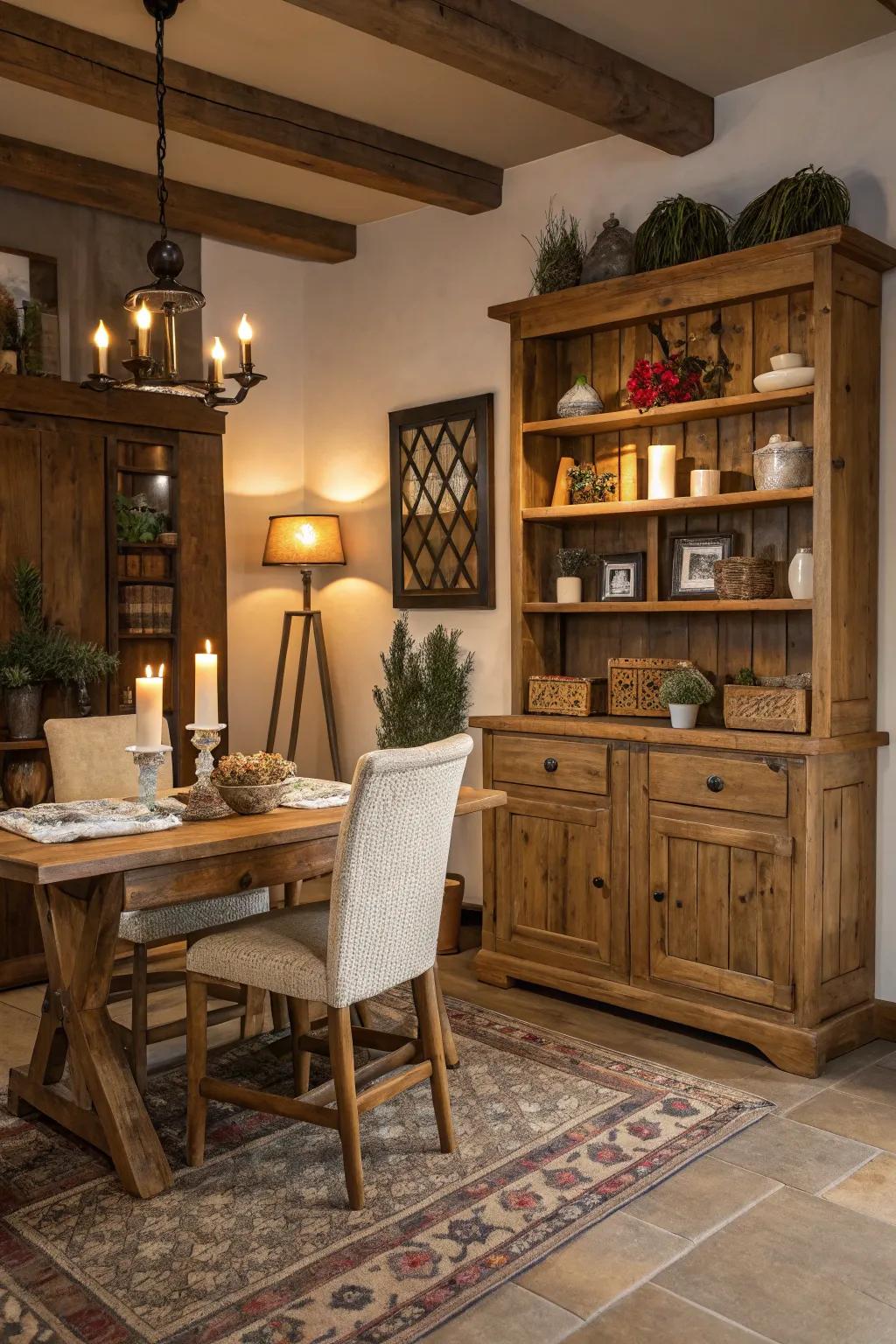 Wood elements introduce warmth and rustic charm.