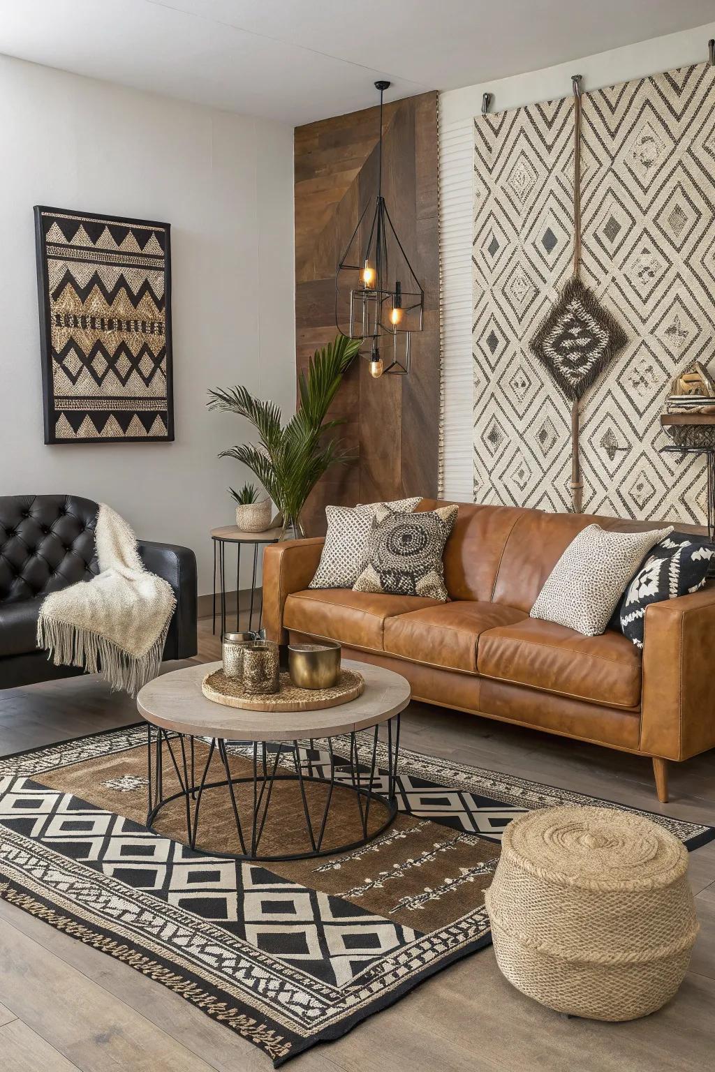 Patterns and textures adding layers to a calmly lit living room.