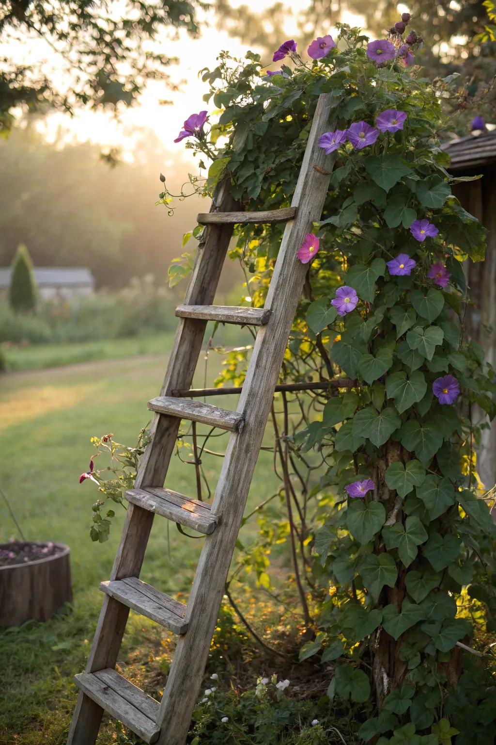A stunning morning glory trellis made from an upcycled vintage ladder.