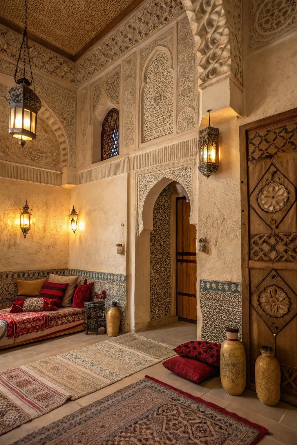 Textured walls add depth and an authentic vibe to Moroccan bedrooms.