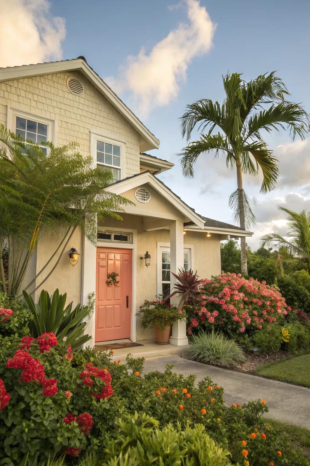 Coral front door delivers a playful and vibrant touch to a beige house.