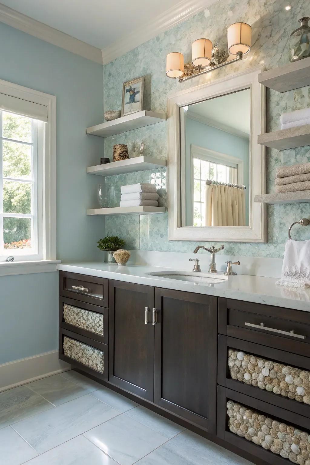 Hovering ledges with nacre accents merge practicality with style.