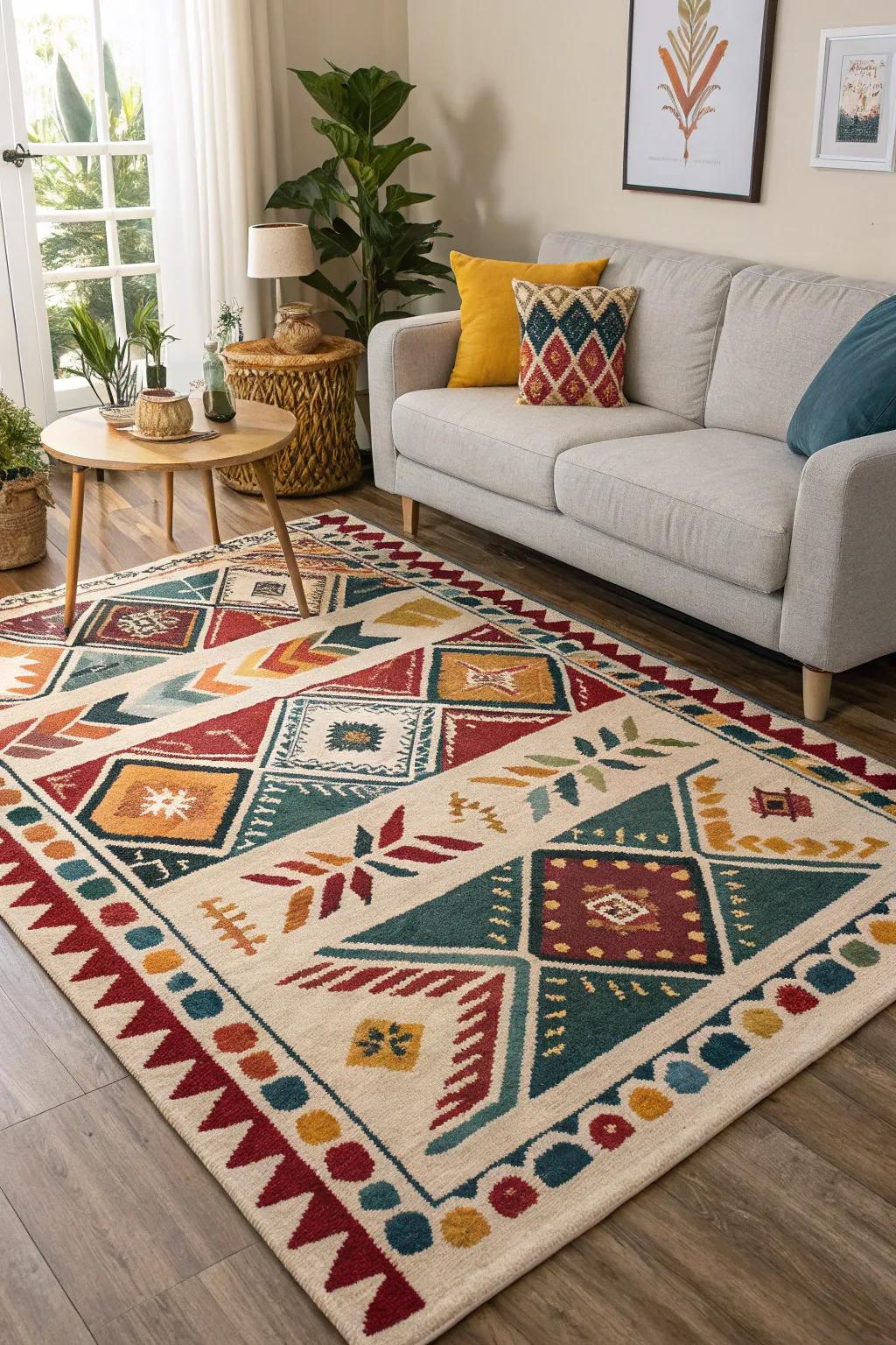 A statement rug adds visual intrigue and pulls the space together.