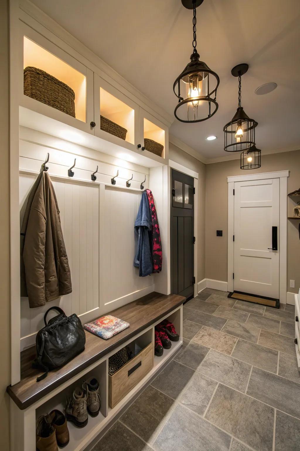 Smart lighting enhances functionality and mood in the utility entryway.