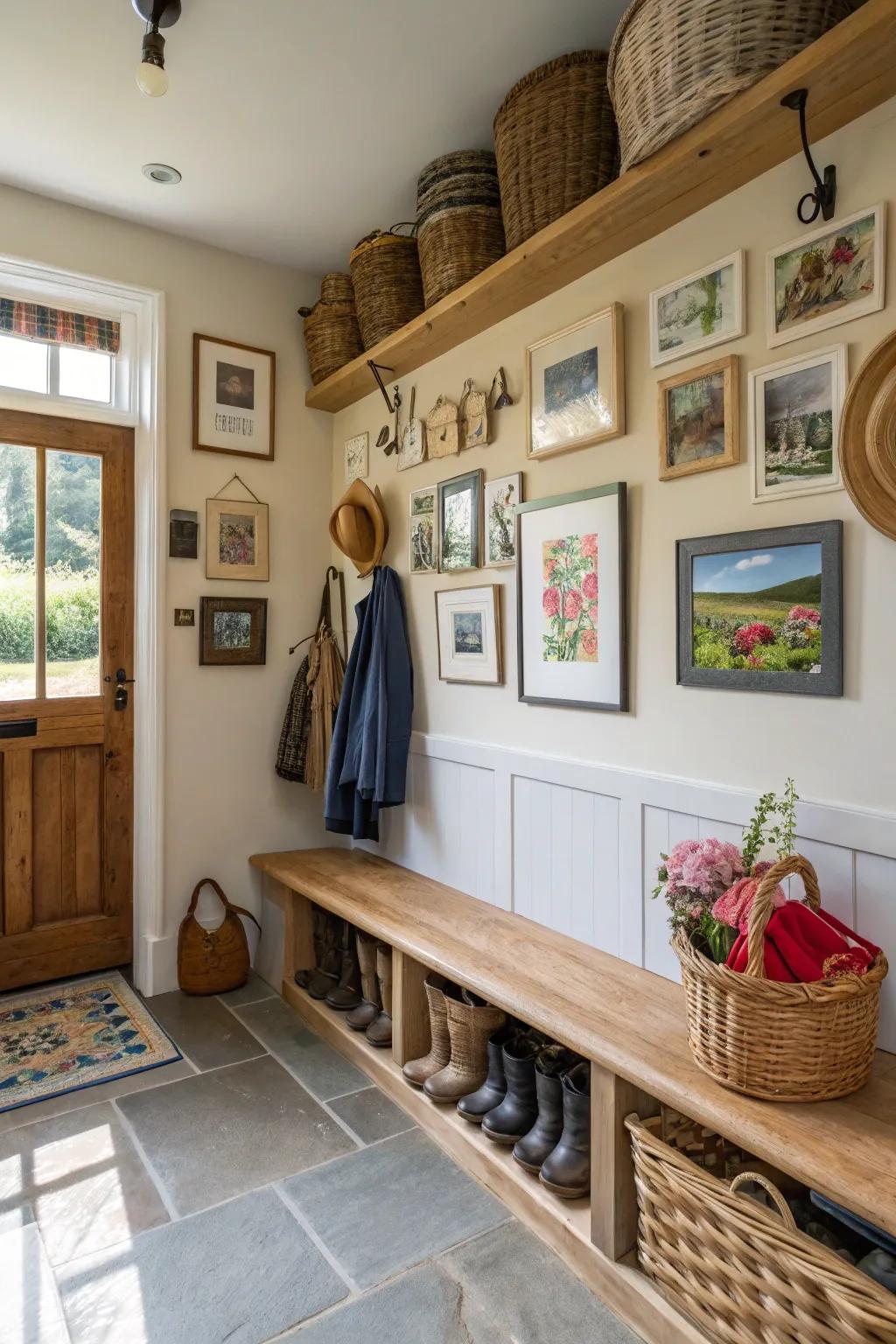 A mudroom enhanced with artwork and ornamental elements, resulting in a personal touch.