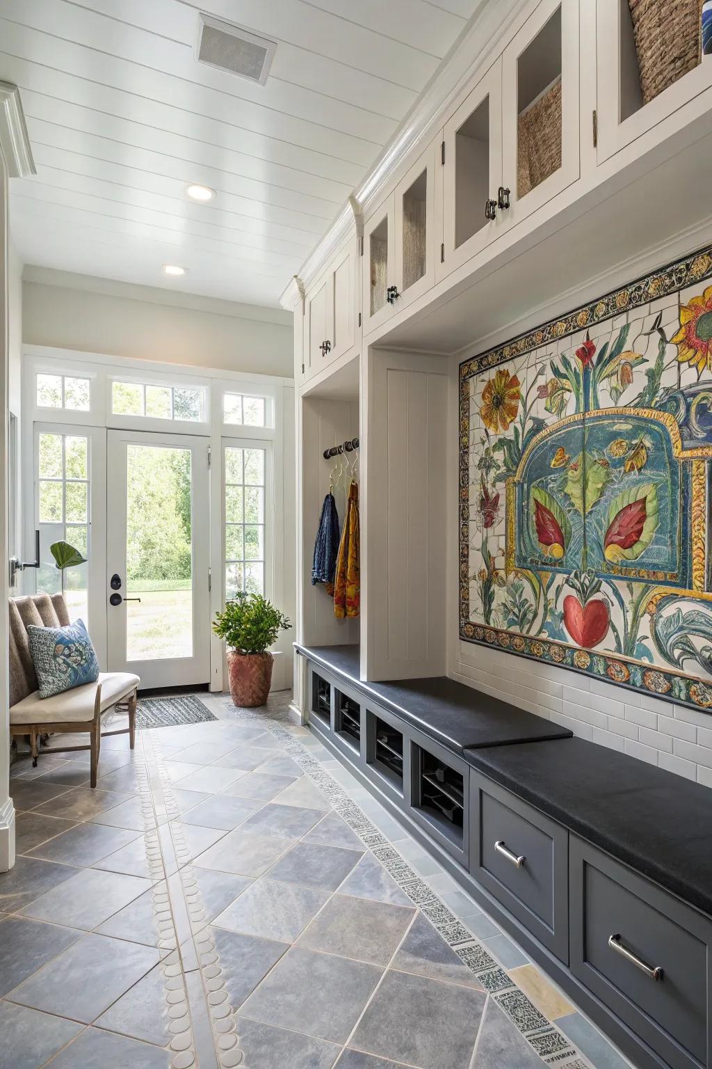 Tile murals transforming a mudroom into an art gallery