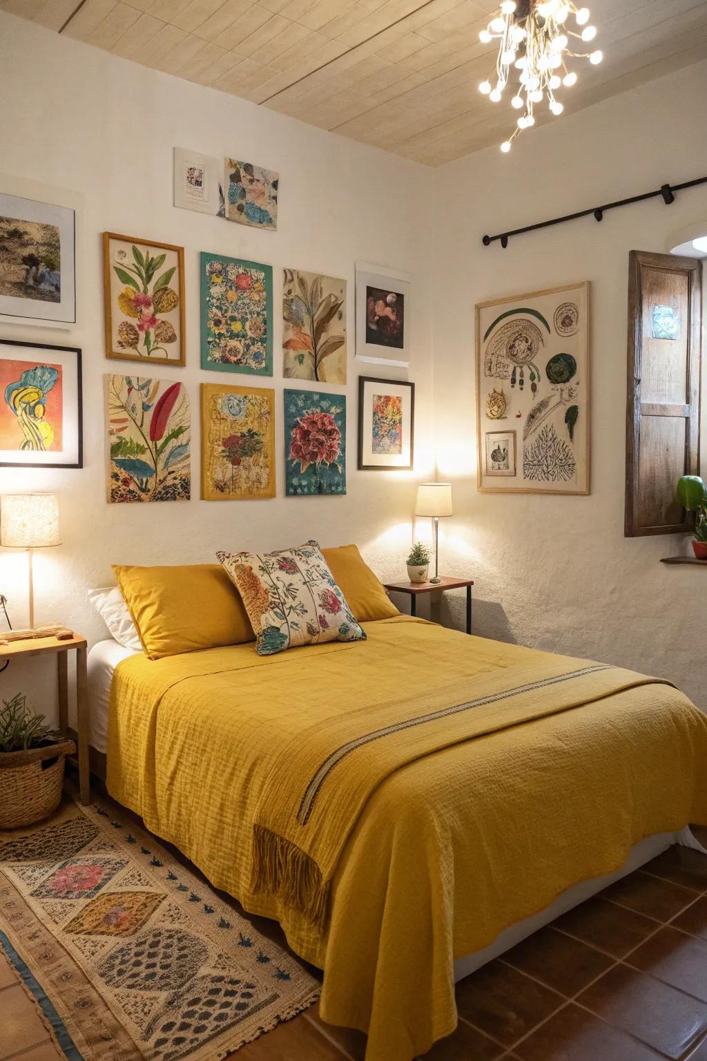 An artistic bedroom where creativity and goldenrod tones come alive.