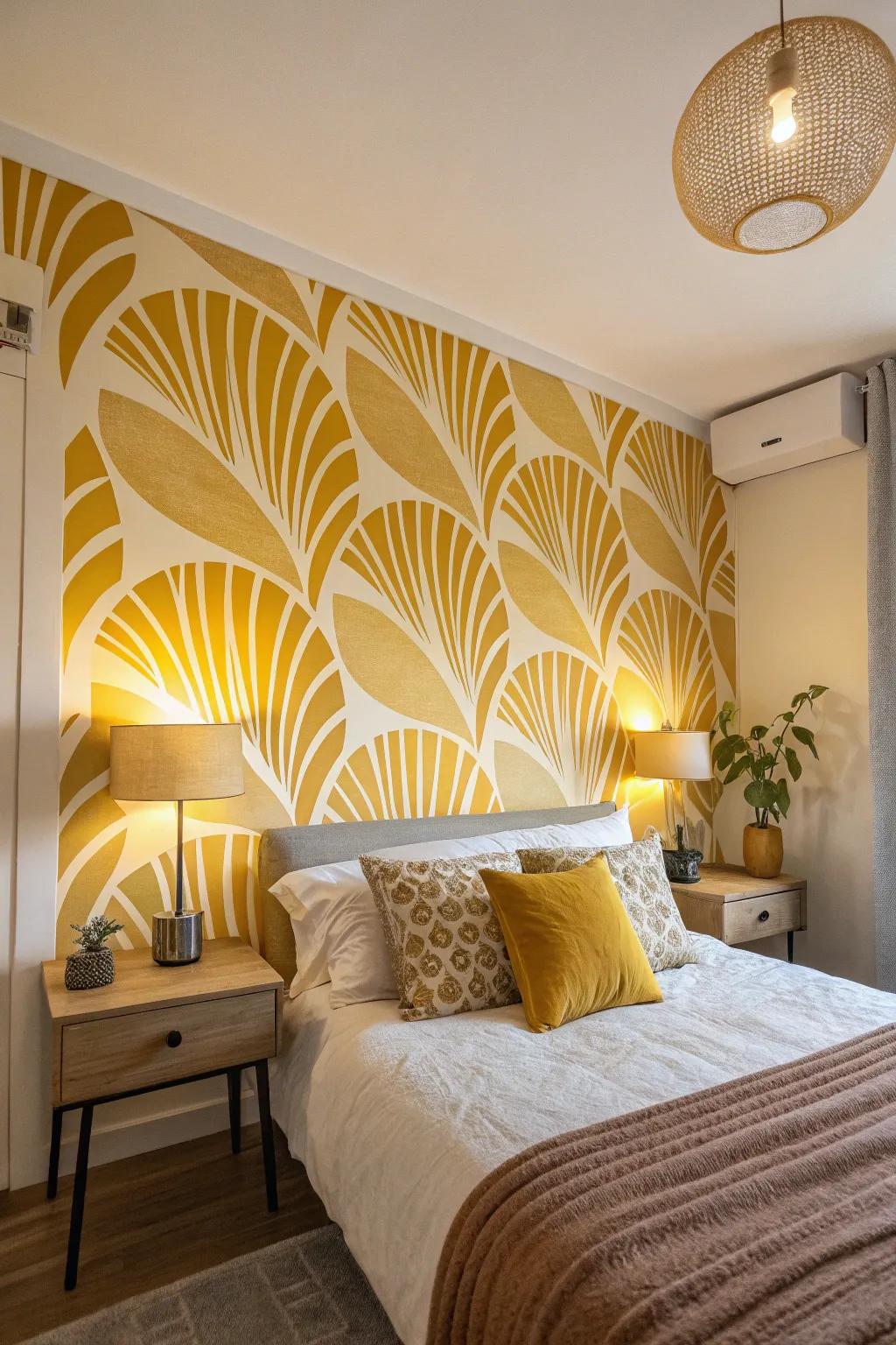 A bedroom exhibiting a wall design displaying wheat abstract shapes.