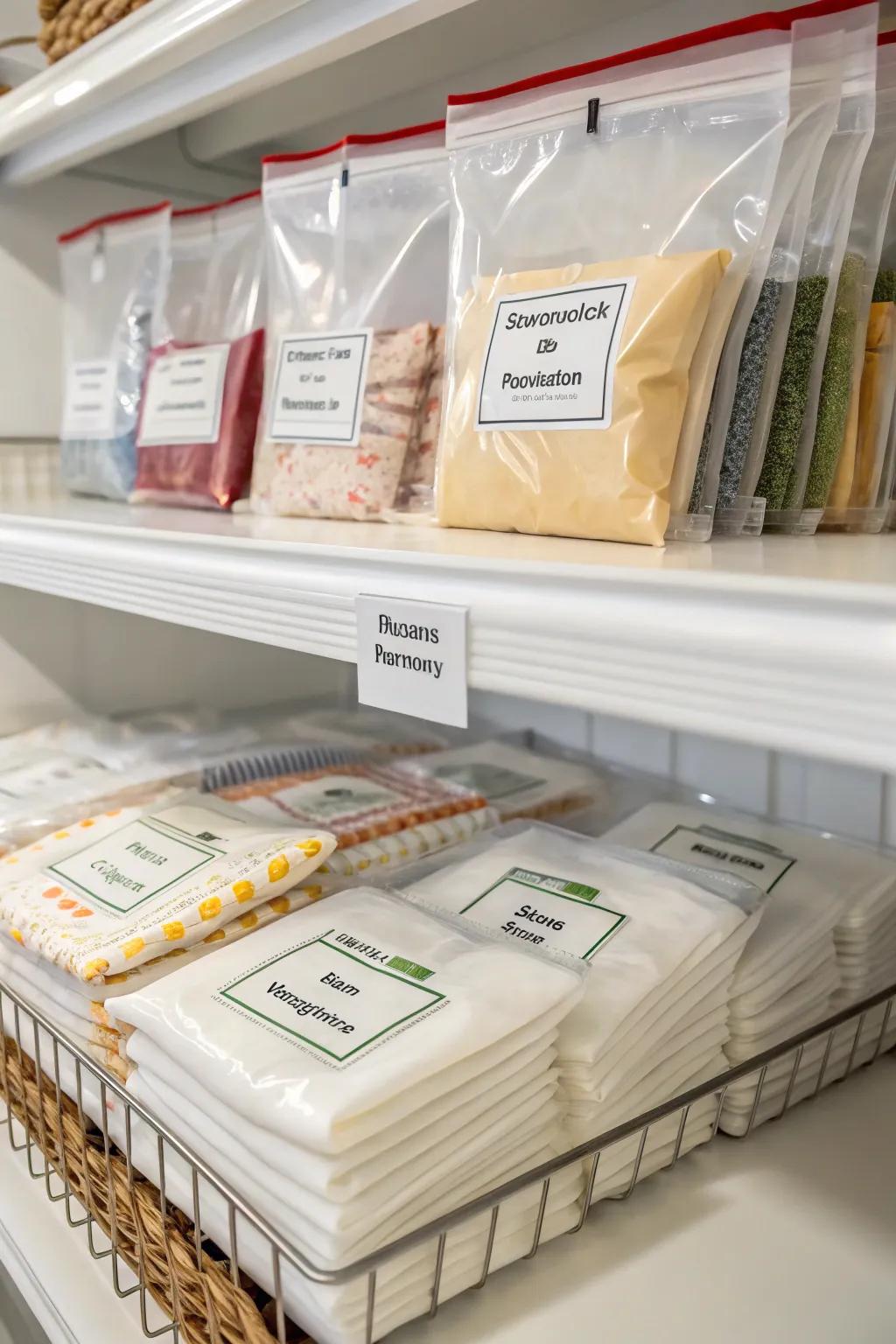Seasonal napkin storage using vacuum-sealed bags for freshness and space-saving.