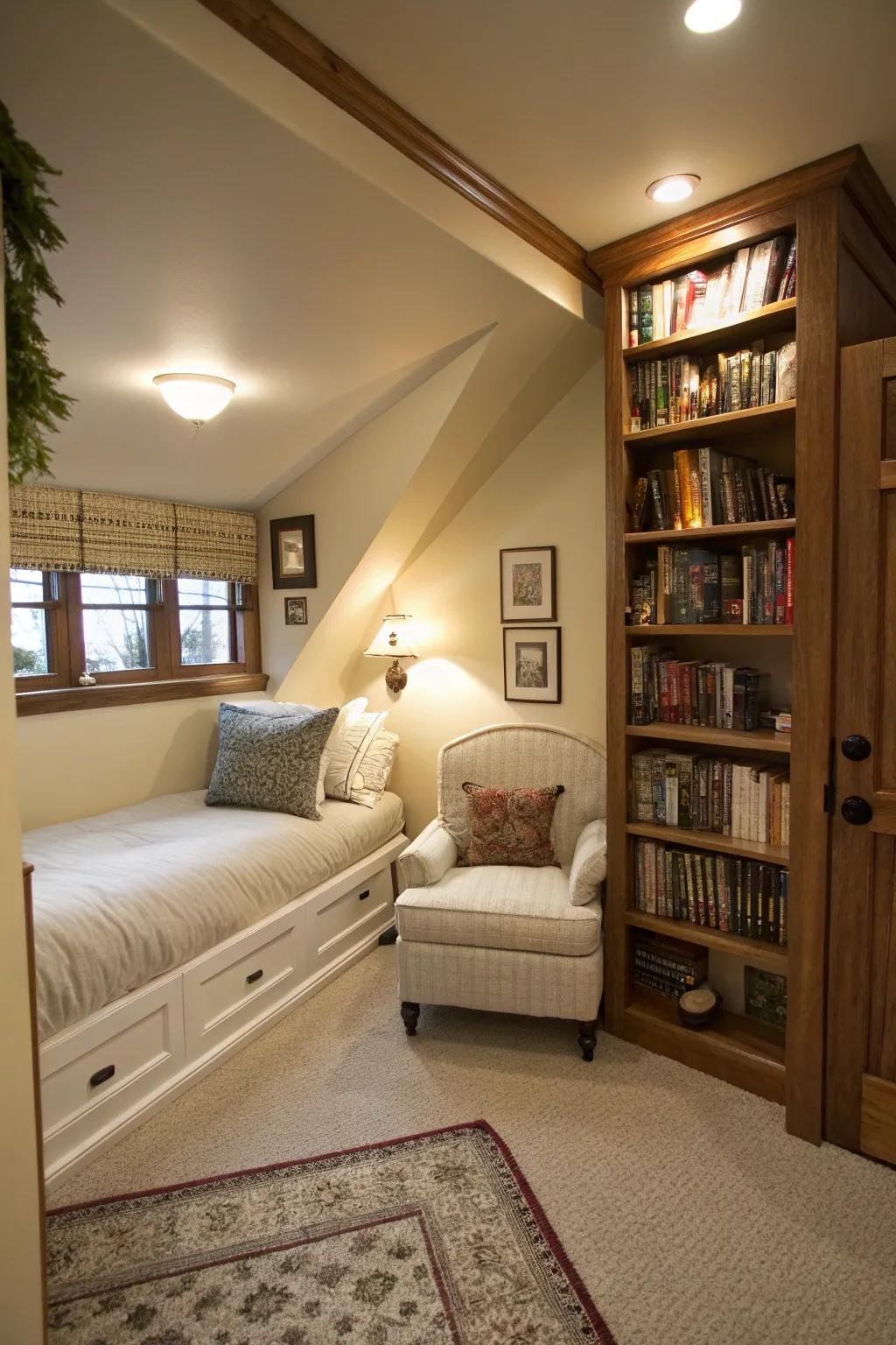 A cozy nook adds charm and functionality to a slender bedroom.