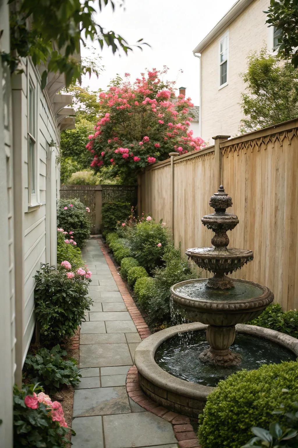 A small water feature enhances the ambiance of a narrow garden.