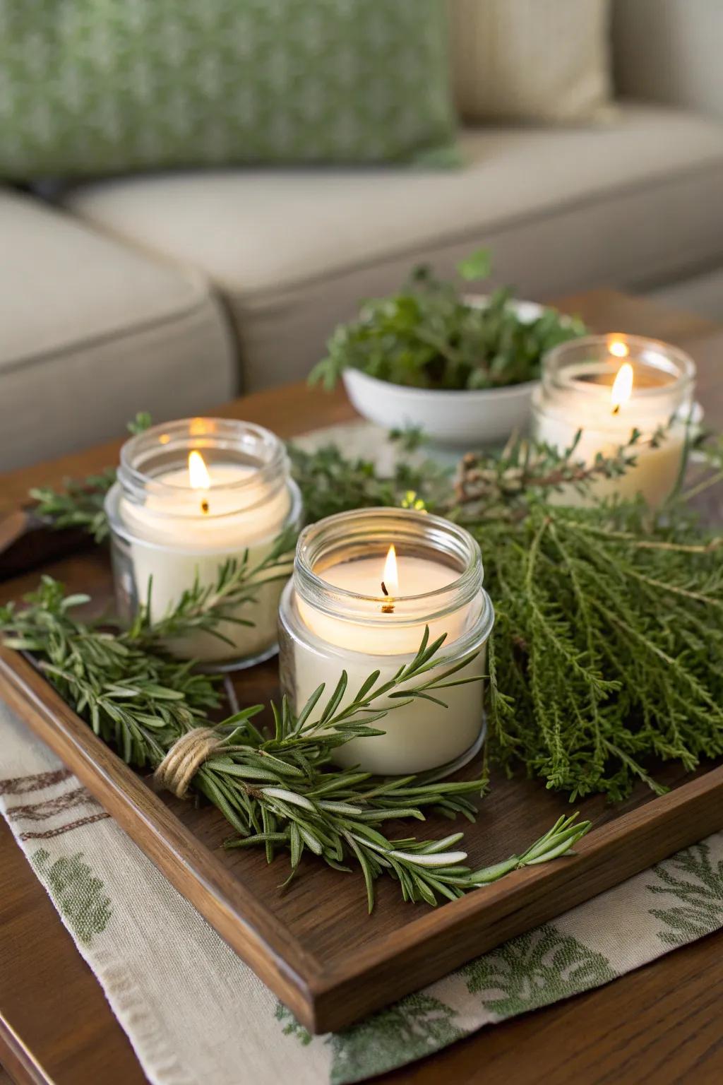 Botanical-infused wax lights that emit a soothing fragrance.