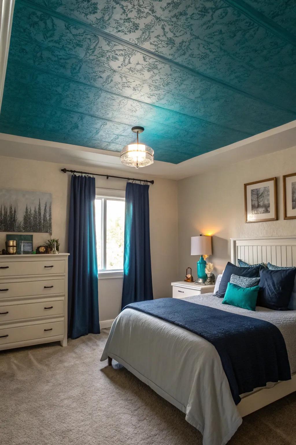 A teal ceiling fosters an all-encompassing, inviting atmosphere.