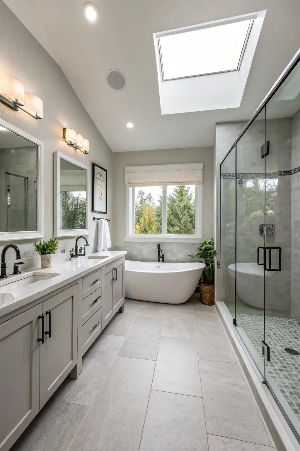 Consistent design brings balance to this neutral bathroom.
