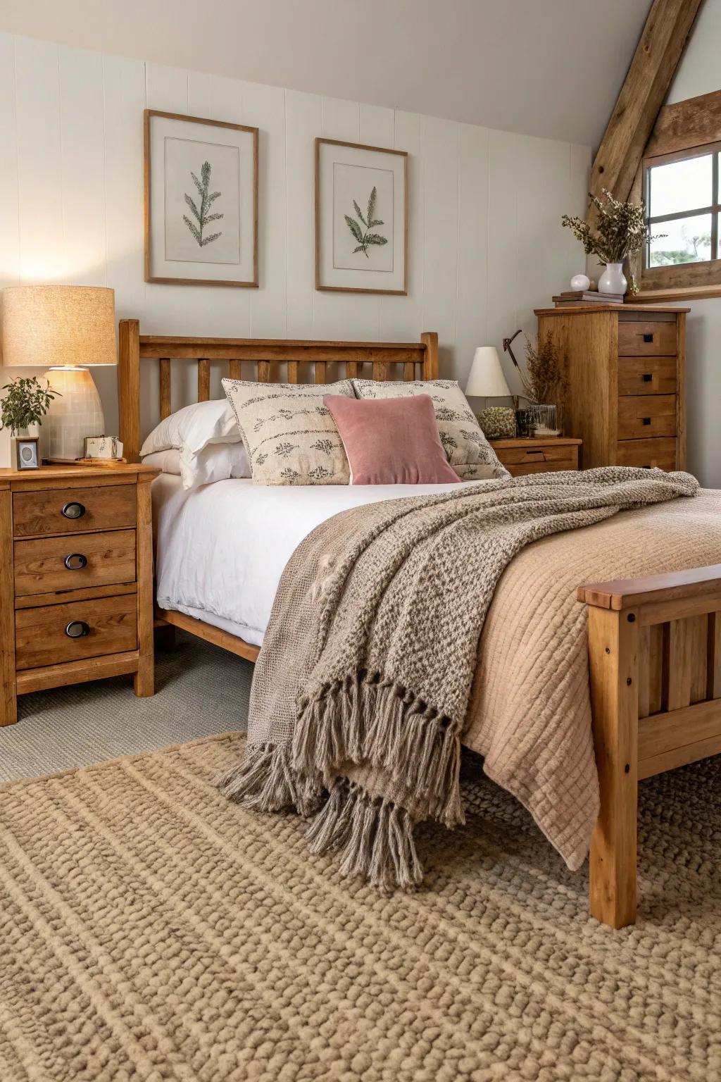 Raw carpets craft a warm and inviting bedroom atmosphere.