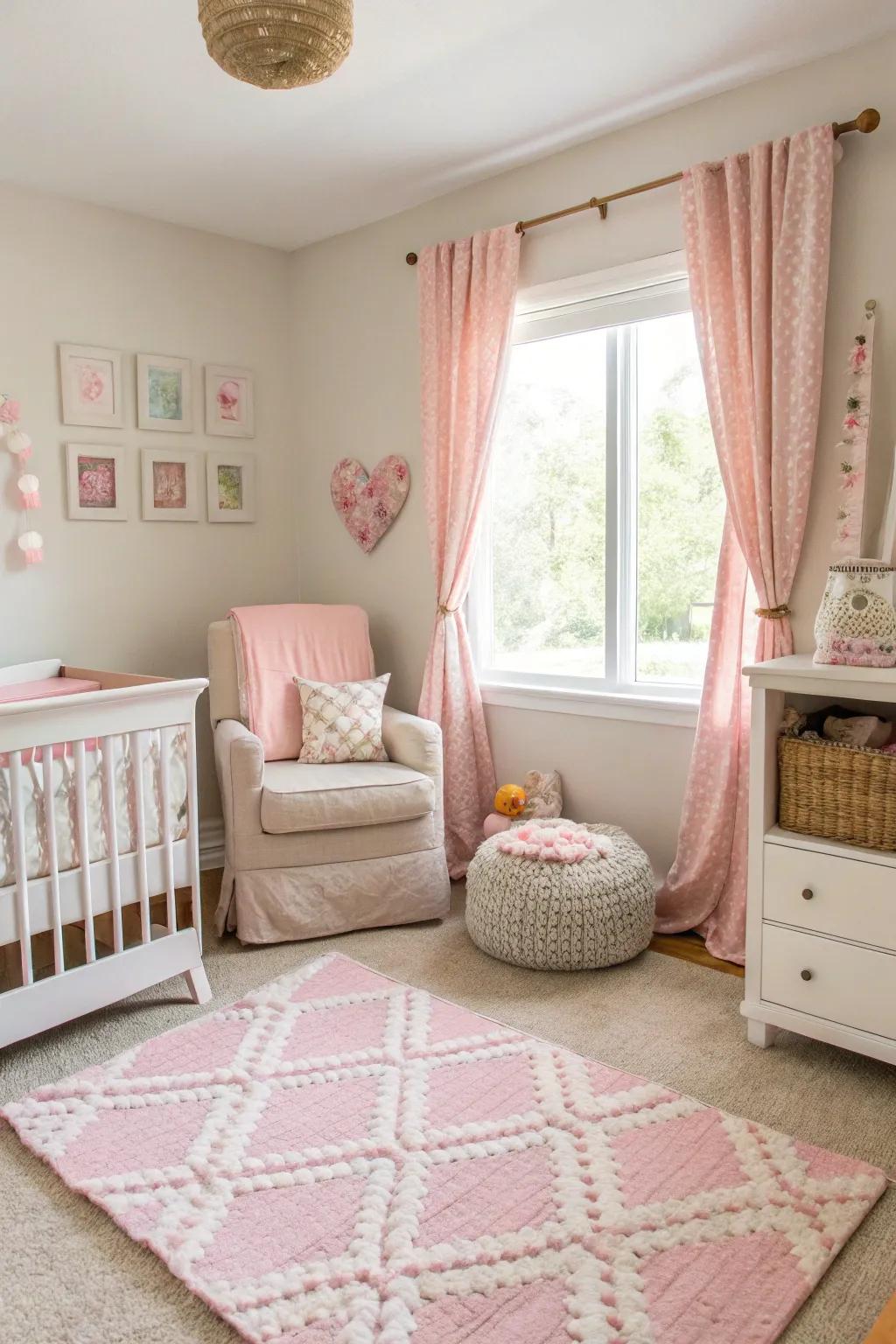 A baby room featuring soft pastel rose accents.