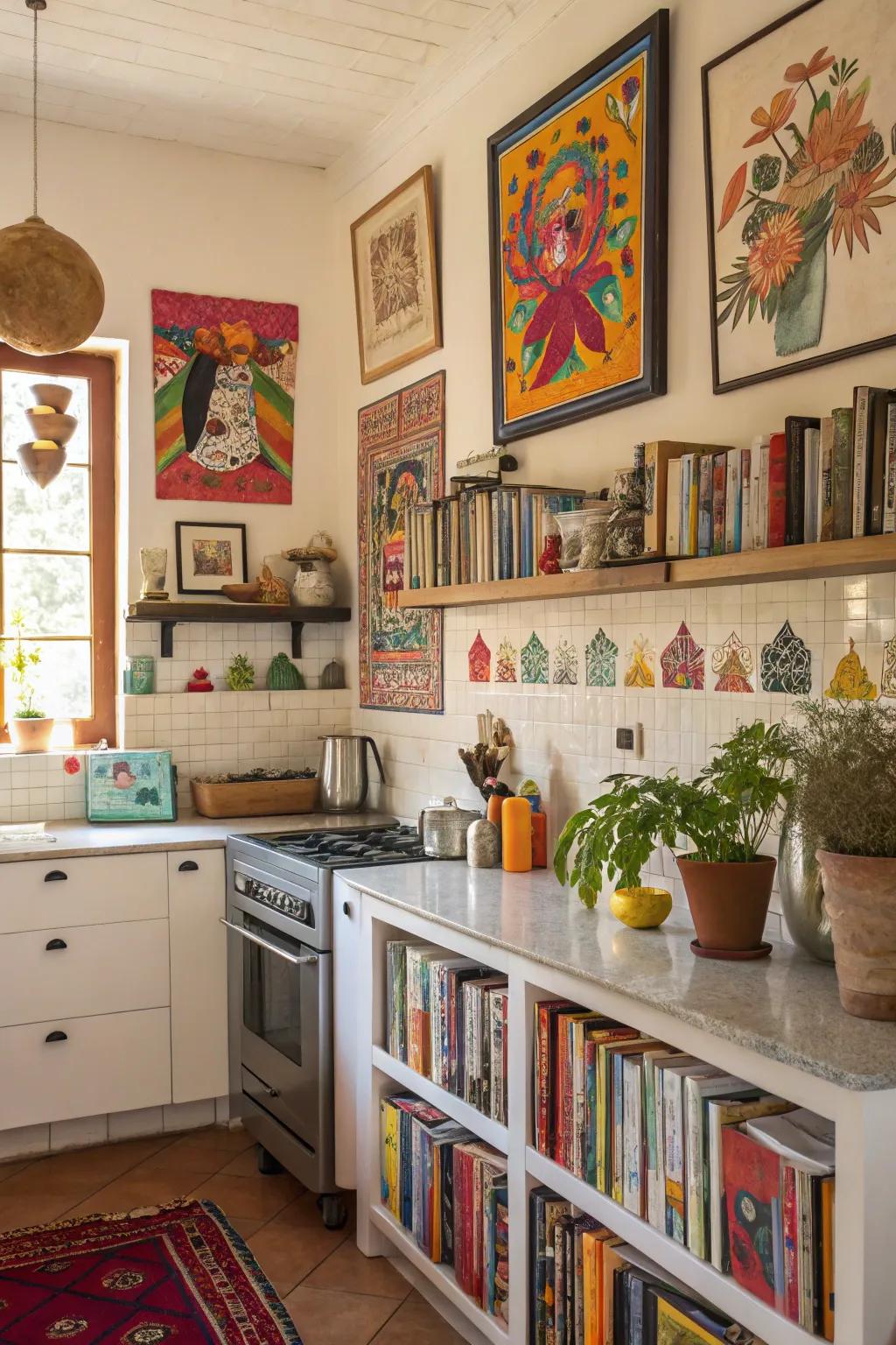 A cooking area enriched with character through artwork and personalized decoration.