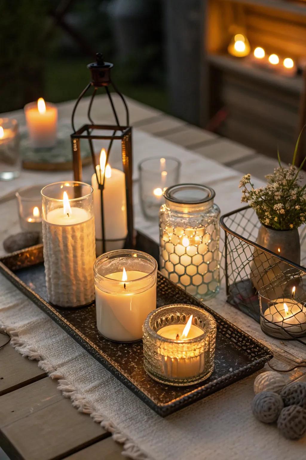An eclectic candle display adding warmth and comfort.
