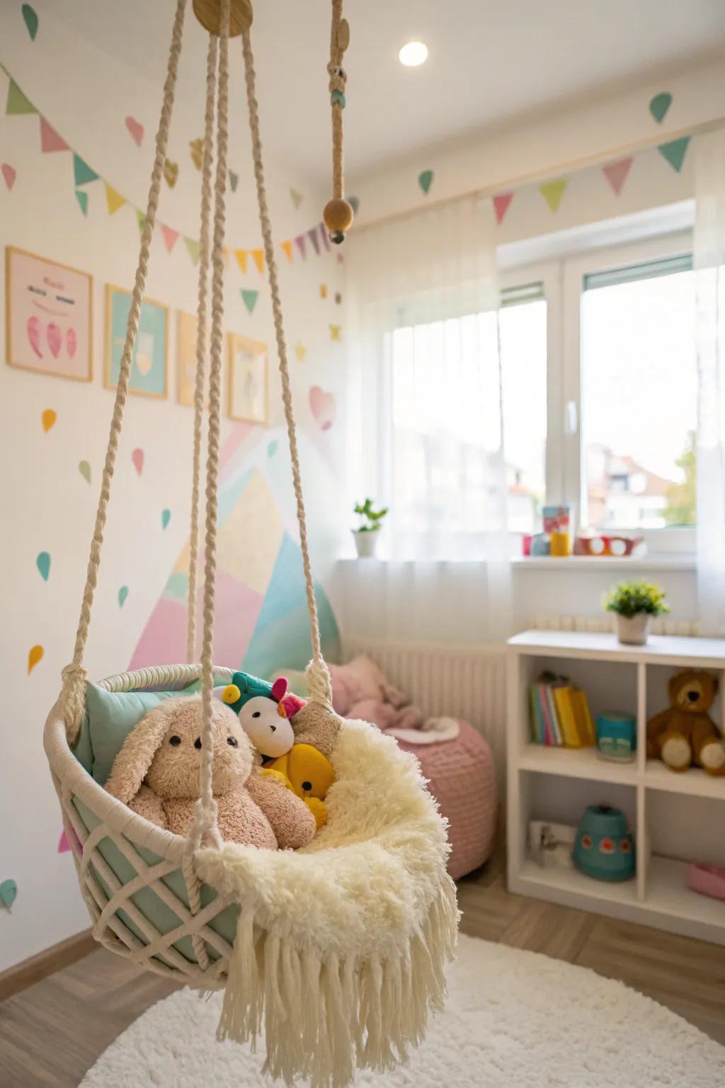 A playful swing for storing stuffed animals in the nursery.