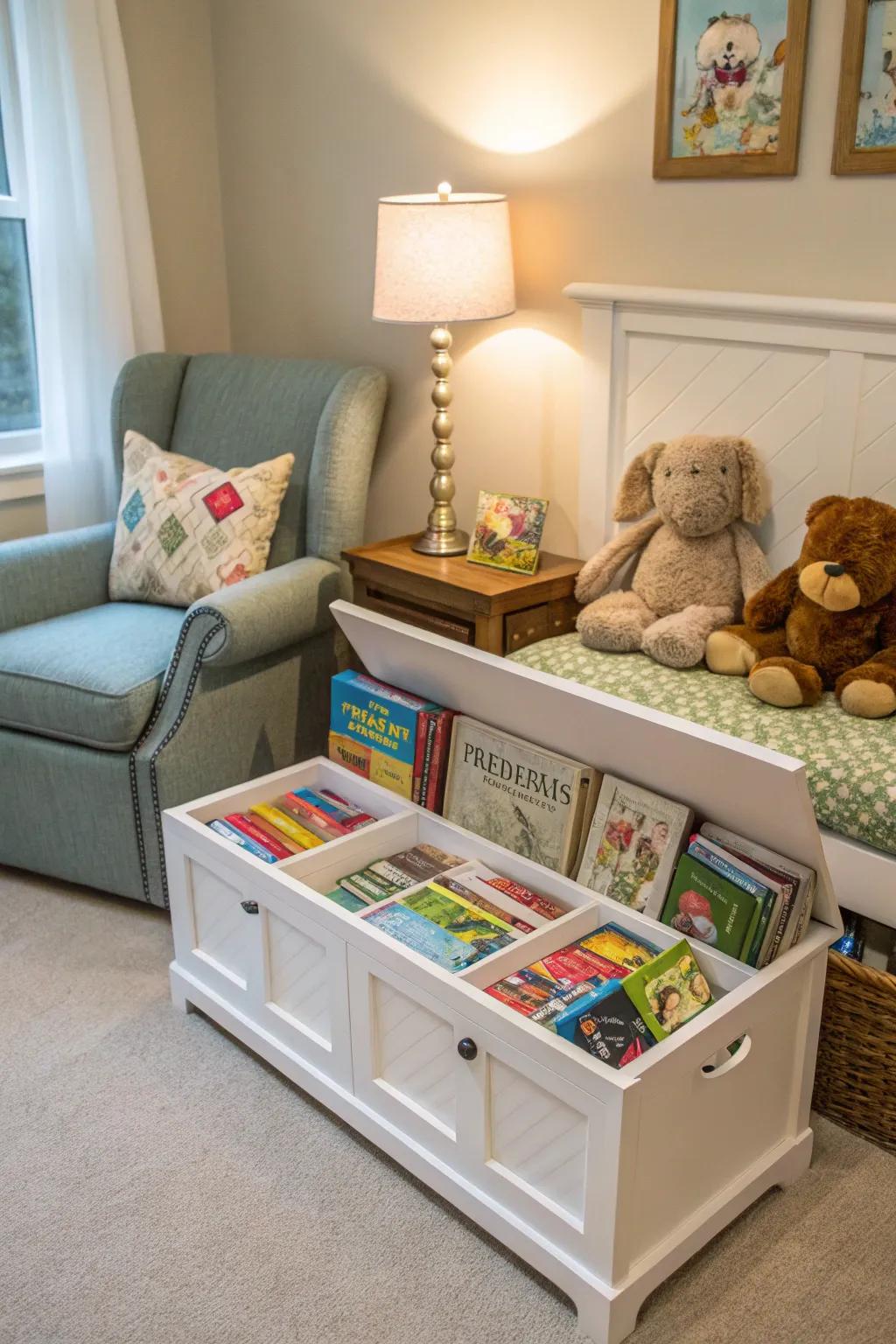 A reading corner with a storage bench for a comfortable and arranged area.