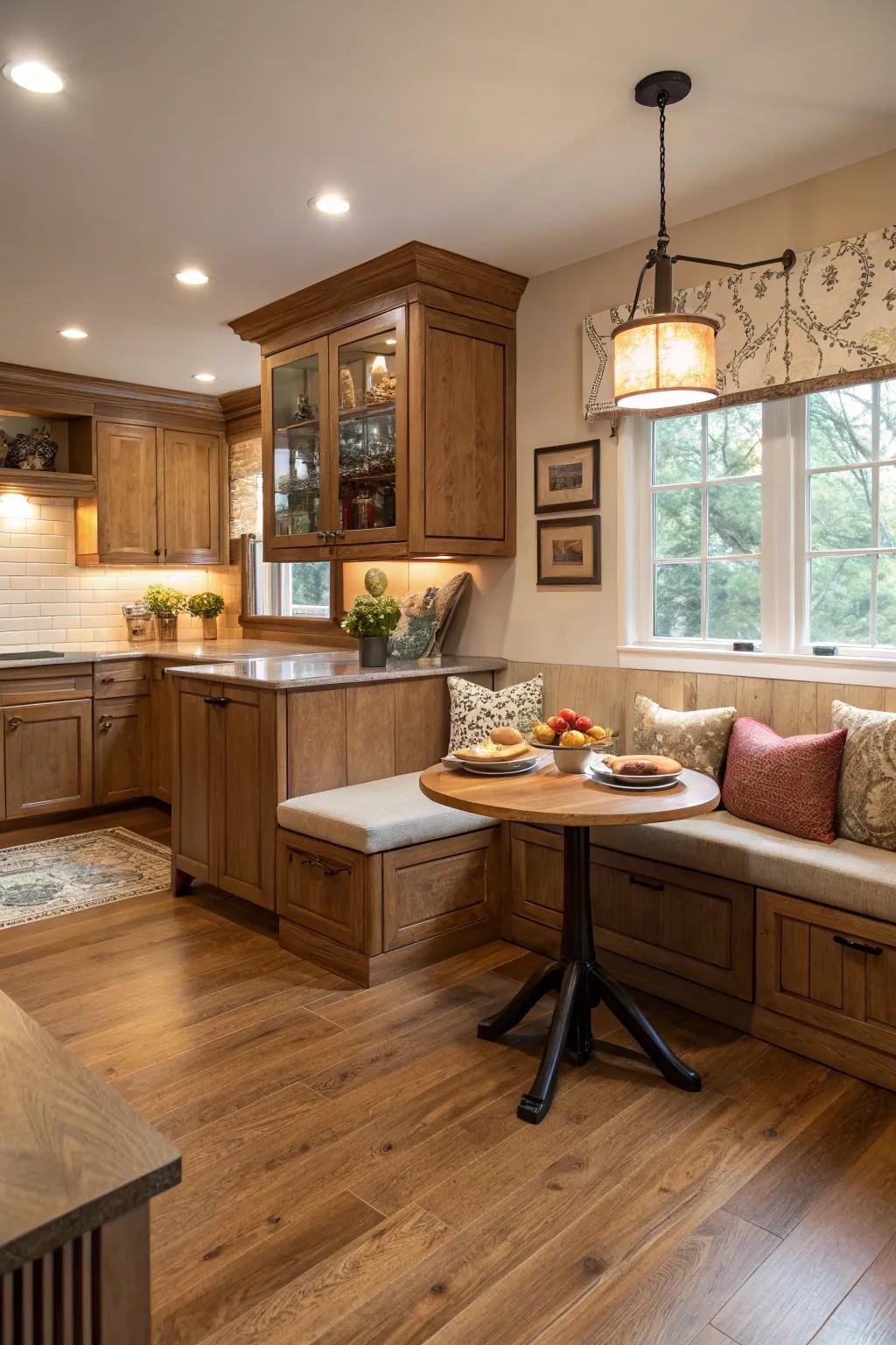 Snug recess summoning warmth into the hardwood floor culinary space.