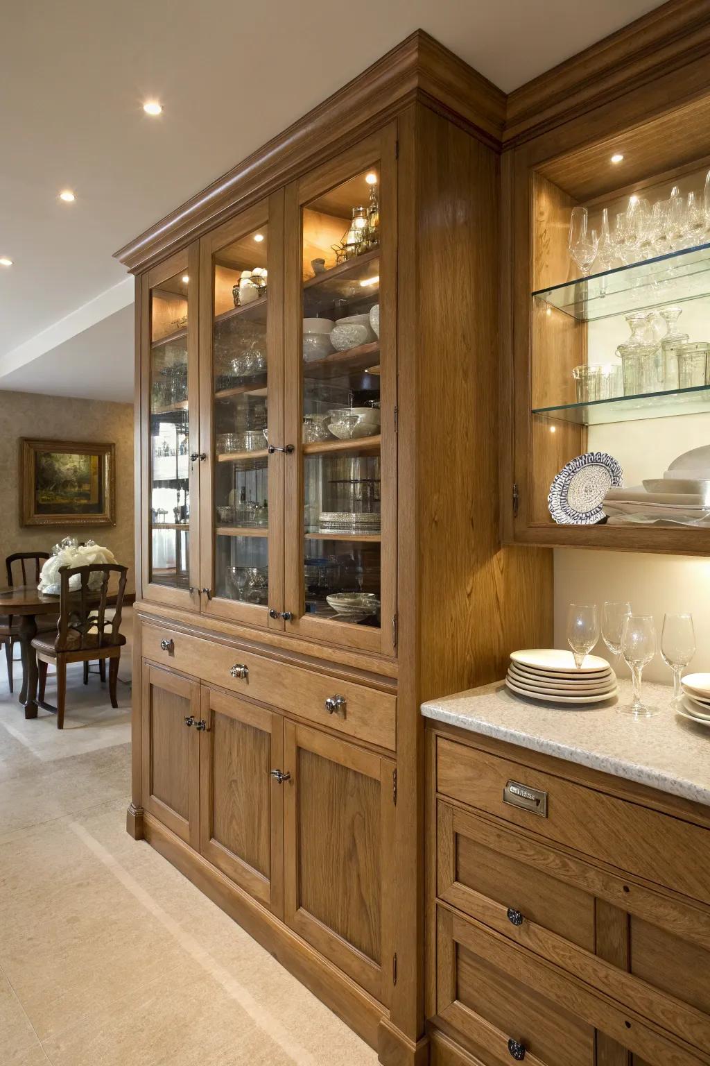 Crystal cabinet shutters introduce elegance to oak kitchens.
