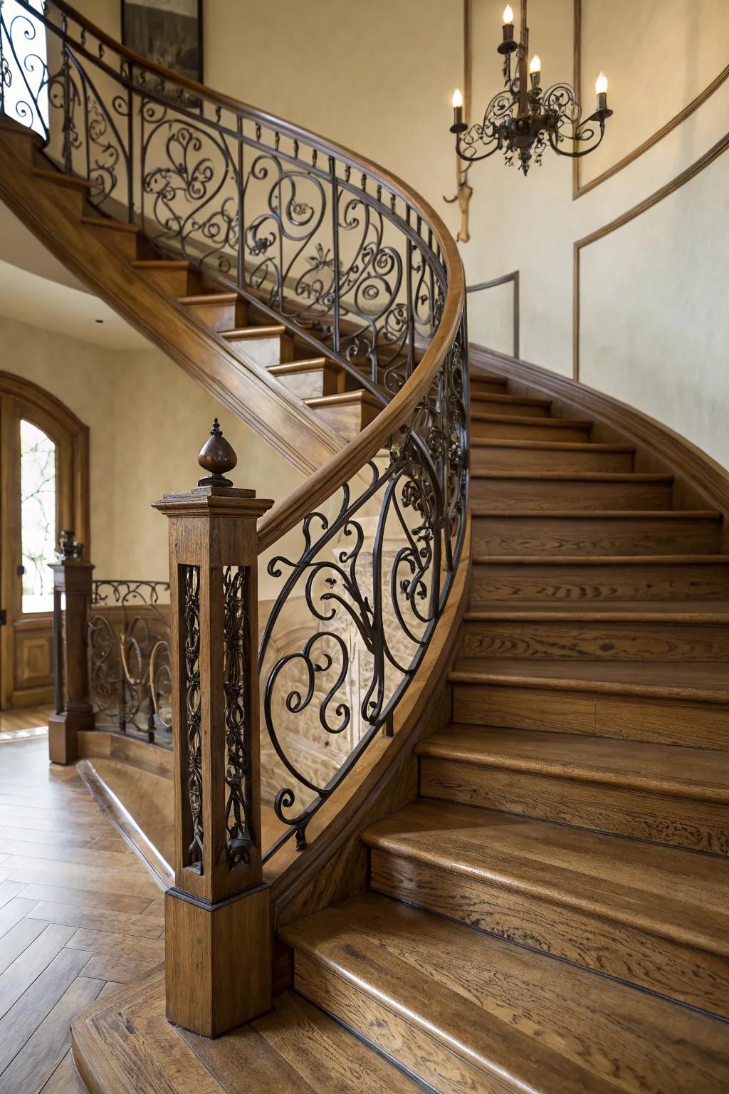 Artistic spindles impart an element of inventiveness to an oak stairway.