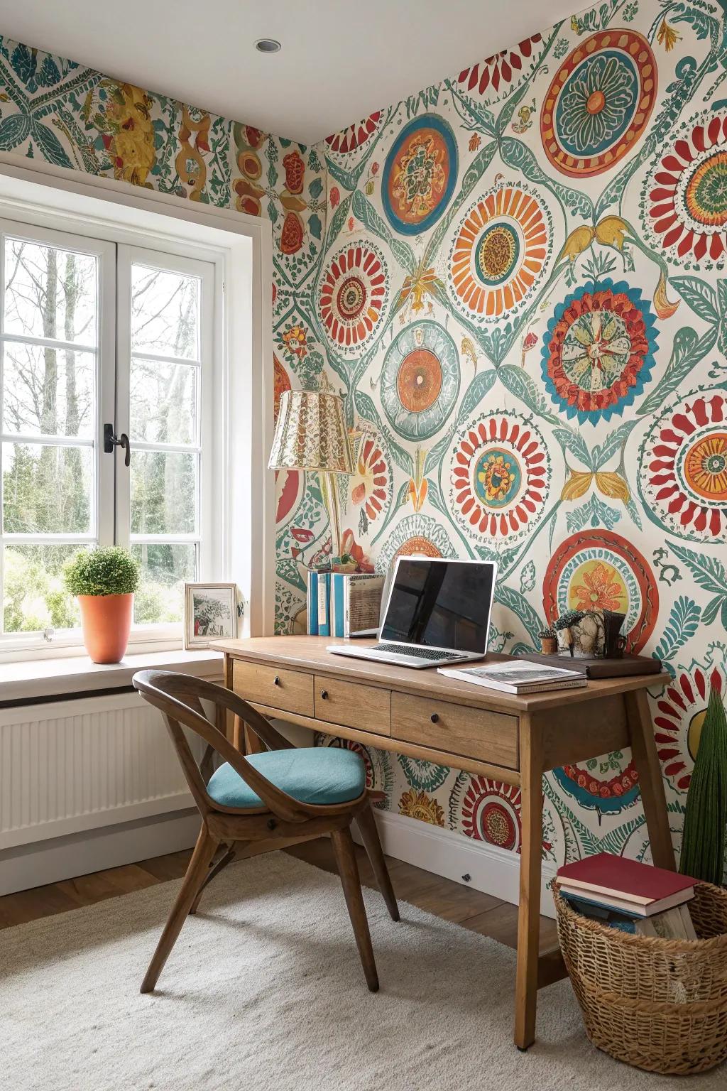 Patterned wallpaper enriches the space with texture and character.