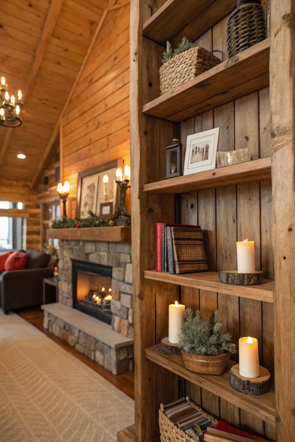 Country-style lodge interior with recovered wood shelves showcasing decor and books.