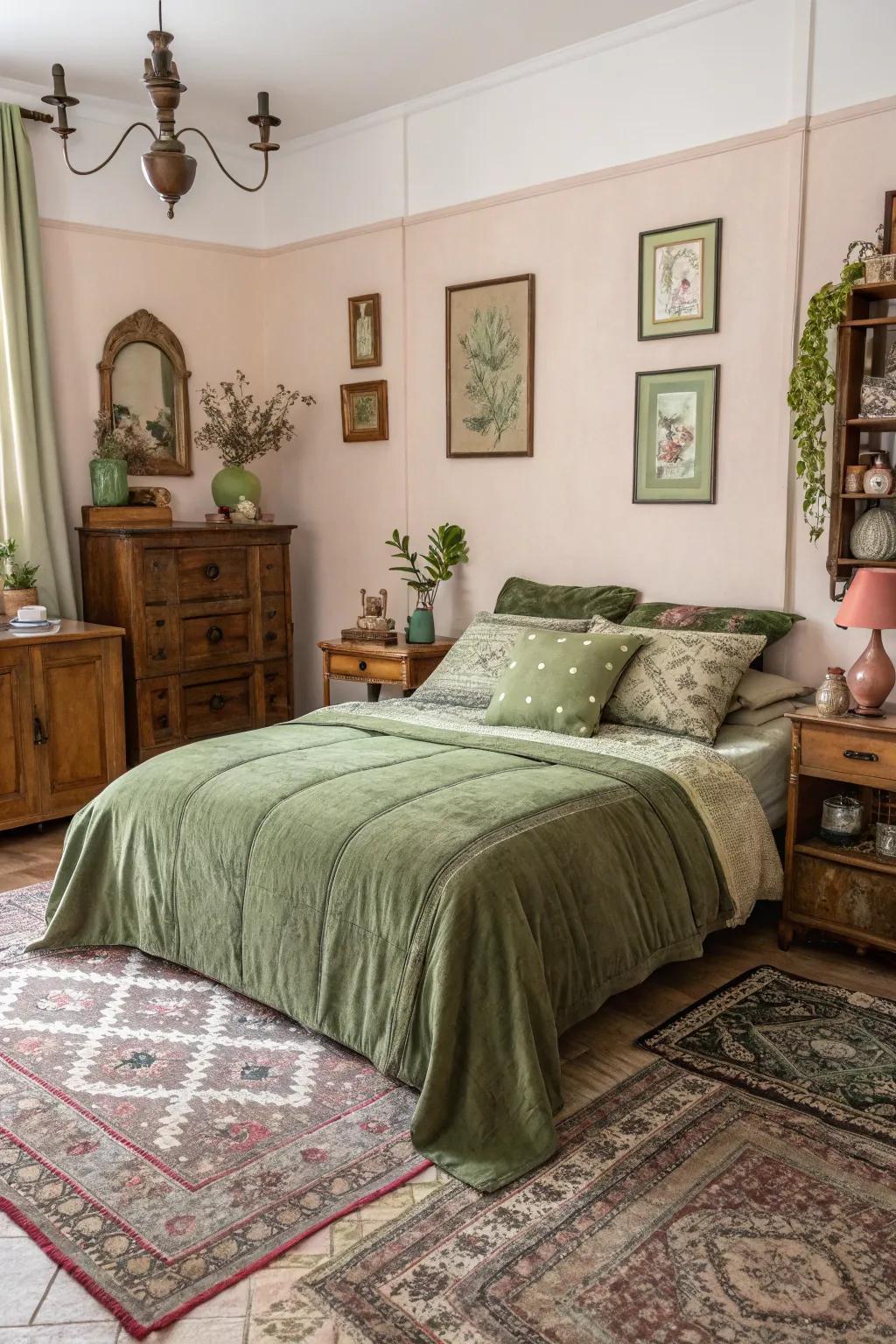 Antique finds bring unique charm to rooms that feature the olive green beddings.