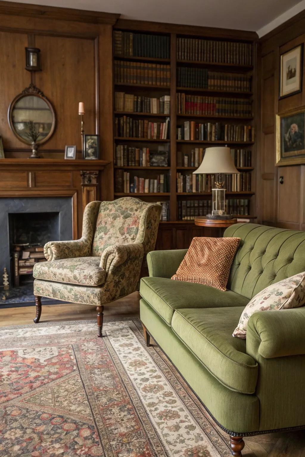 Vintage impressions introduce ageless elegance to the living area.