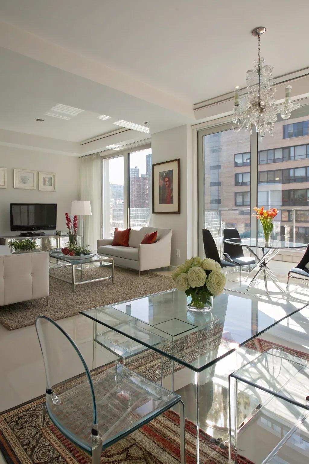 Reflective materials enhance the airy ambiance.