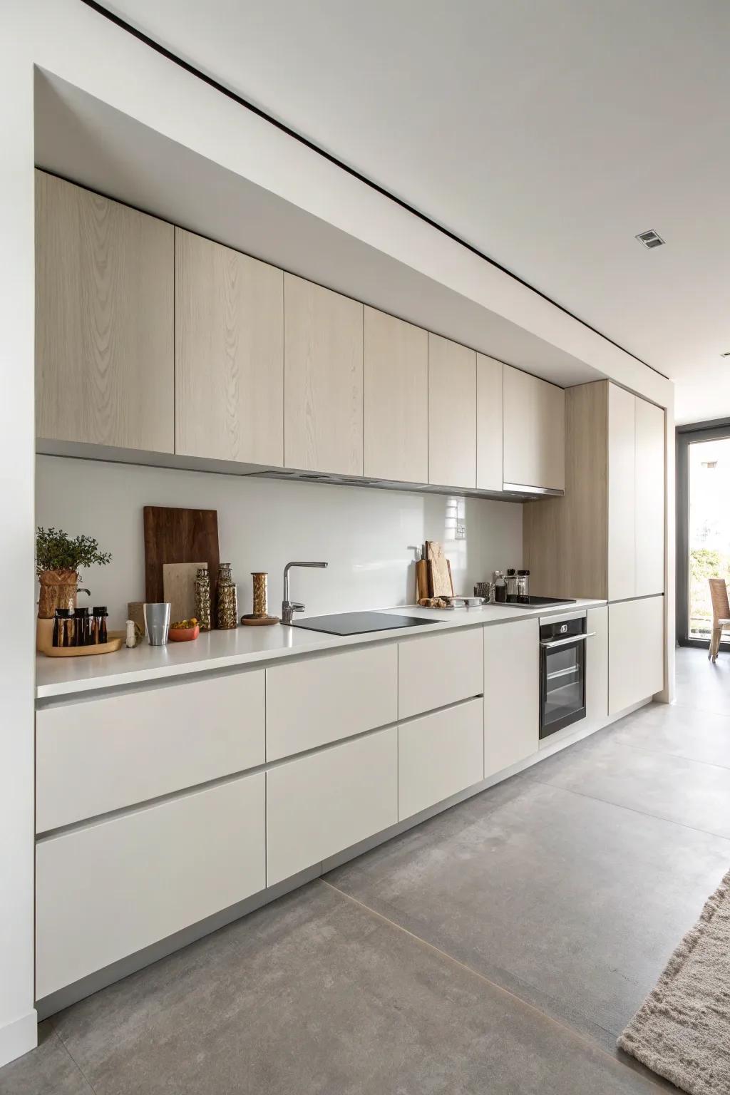 Pull-free cabinets provide a sleek look in a one-wall kitchen.
