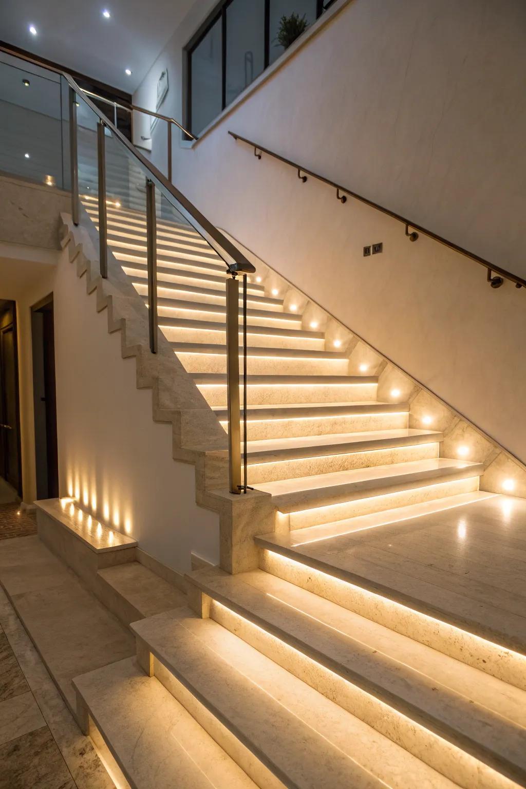 Mood lighting enhances the ambiance of this open staircase.
