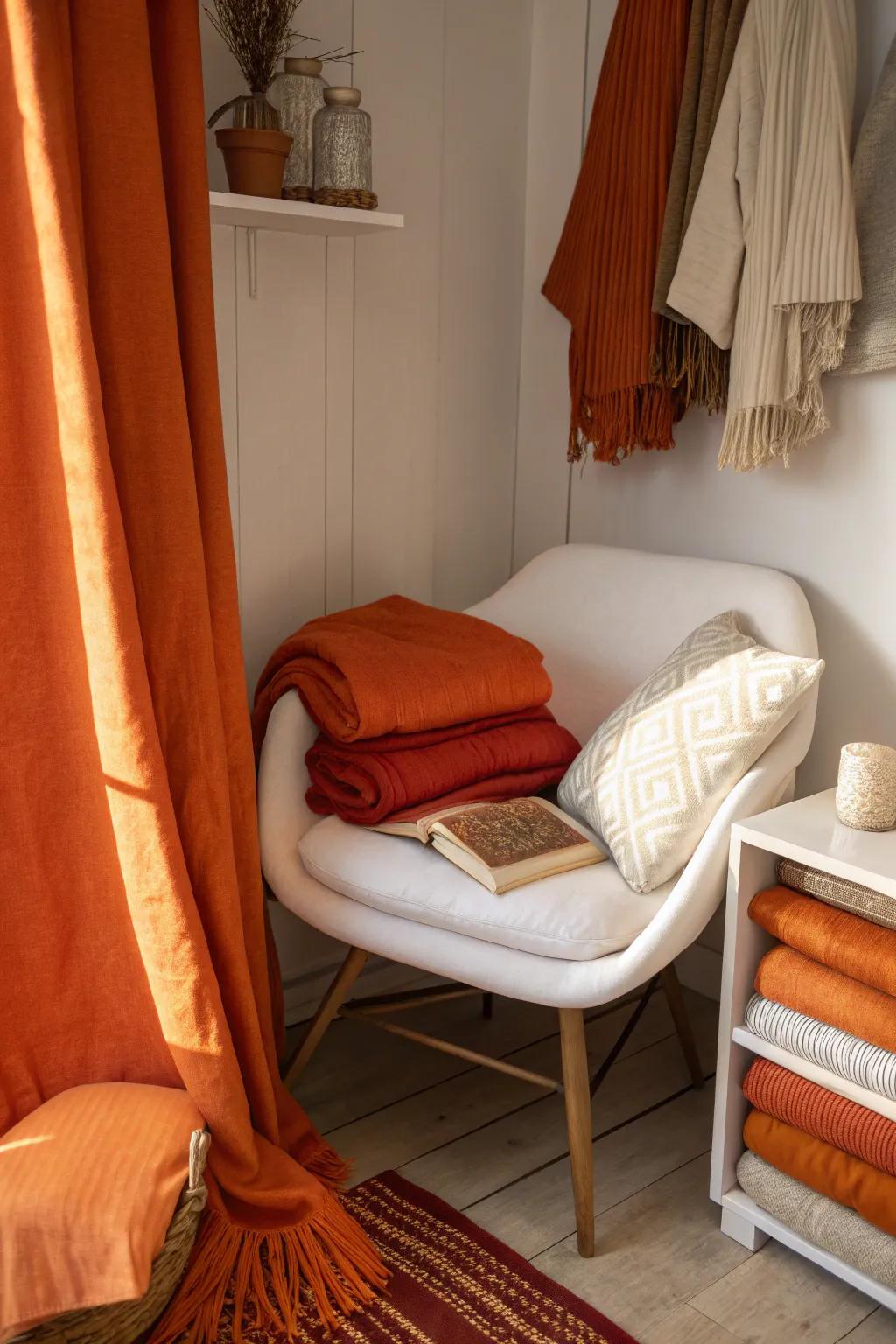 Layered orange textures create a cozy and inviting reading nook.